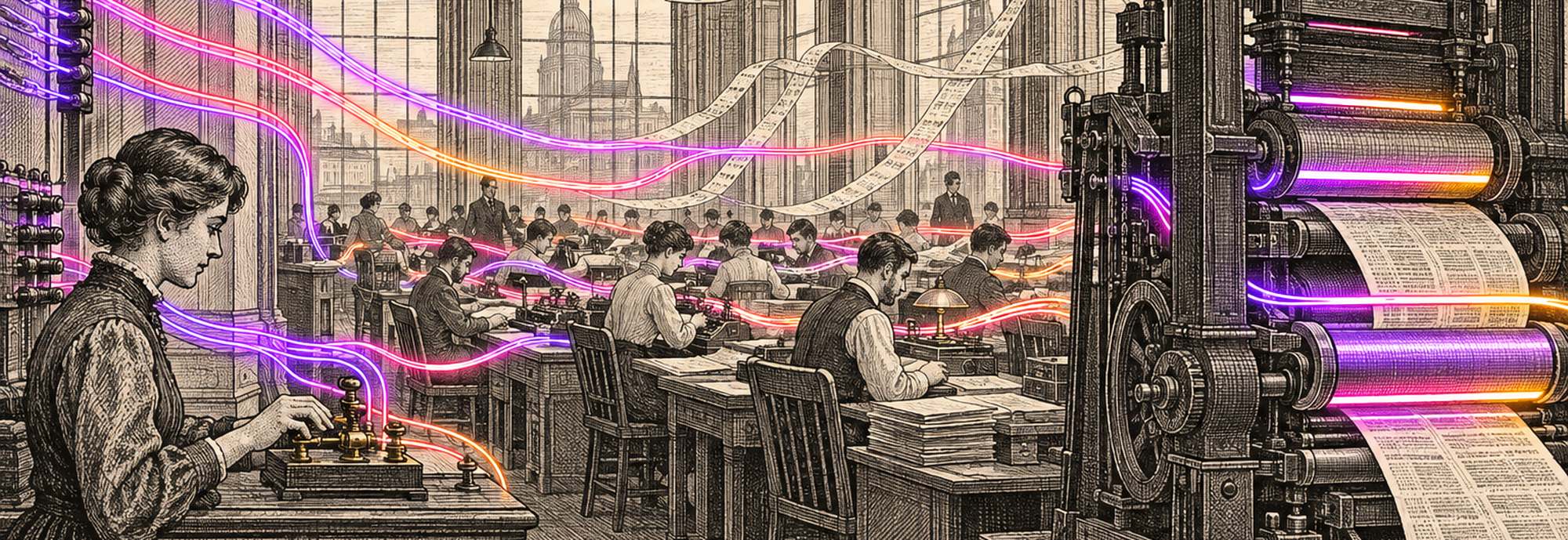 An engraved newsroom: a telegraph operator and a printing press, with neon light running through the wires